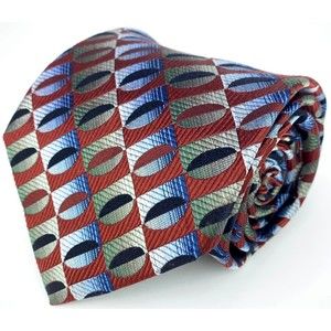 Jhane Barnes Men's Tie 100% Silk Auburn Red w/ Green Blue Geometric Necktie 60"